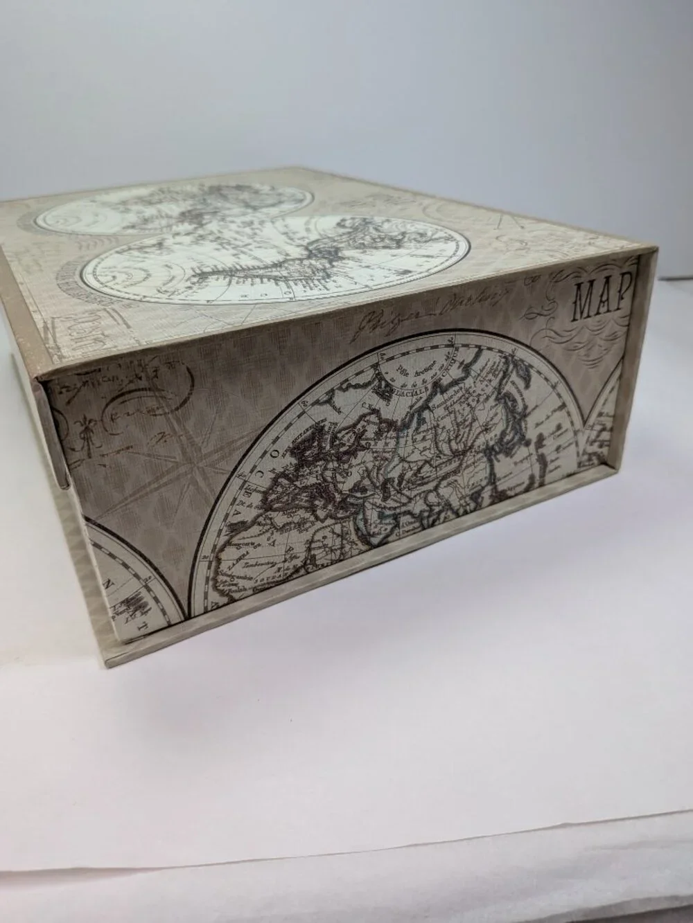 Vintage World Map Storage Box Antique Globe Keepsake Enchante Travel Tan
